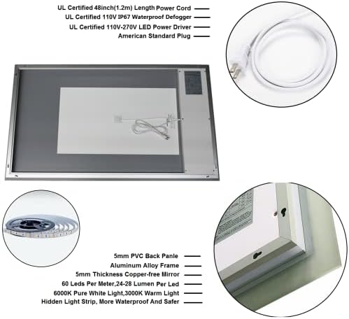 GESIPOR 40 x32 espelho LED de banheiro com interruptor de parede de alto -falante sem fio - espelhos de vaidade iluminados para retroilumação