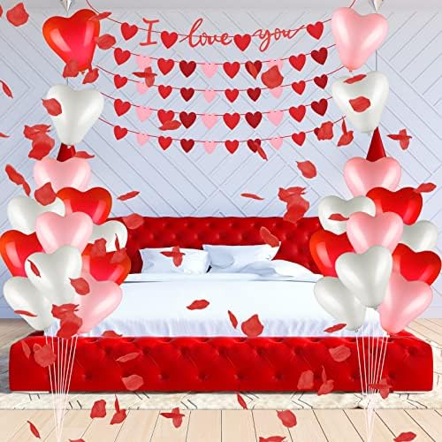 Kit de decorações do dia dos namorados 5 PCs I Love You Banners Decor, 200 PCS Pétalas de tecido, 36 PCs em forma de coração