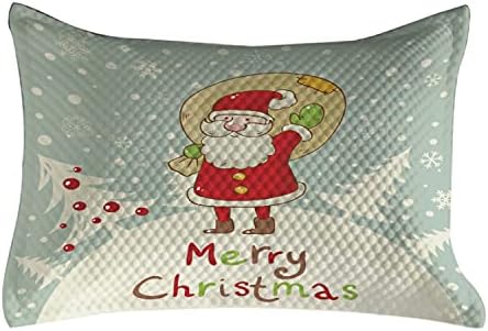 Ambesonne Santa Quilted Cobertina de travesseiros, tema Feliz Natal Papai Noel com um saco de presentes sobre florestas e flocos de