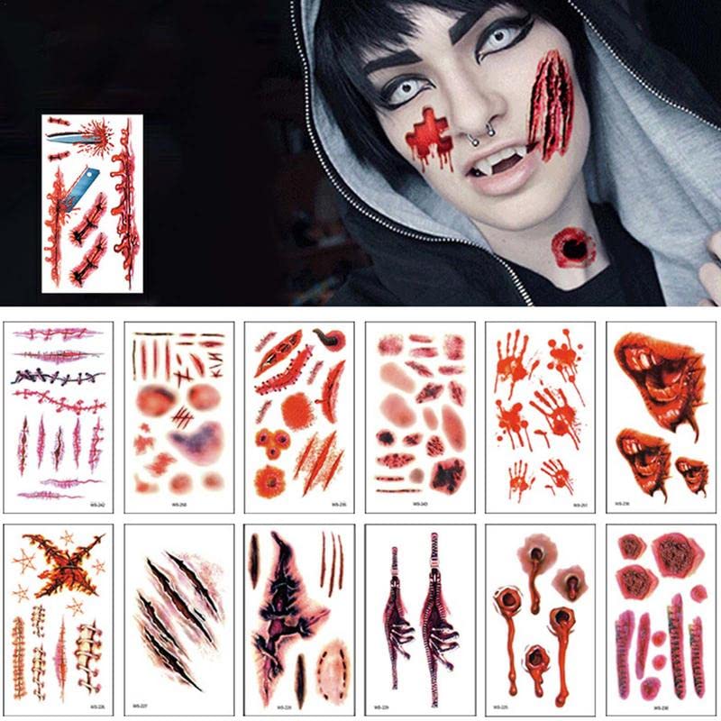 Tatoos de cicatriz 30 peças Tattoo Tattoo Adesivo Bloody Makeup Acessórios da festa Os suprimentos de maquiagem sangrenta