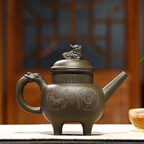 Bule de chá de zisha em chinês, handmade retro retro exclusivo de design original de argila roxa, 420ml, escultura de leão verde profundo