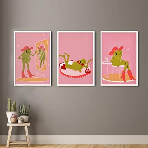 Pôster de sapo verde da moda Skinge Posters rosa fofos para decoração estética de quarto 3 peças de cowgirl tella
