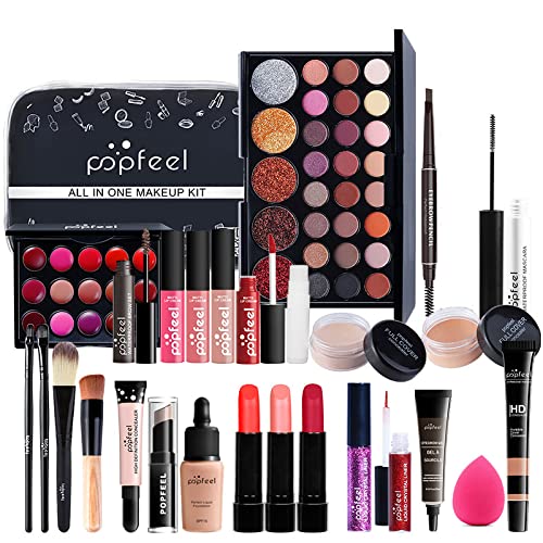 27pcs Conjunto de presentes do kit de maquiagem - tudo em um kit de cosméticos com sombras, cores de lábios, escovas, lápis de