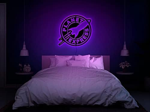 Arte da parede do Planet Express, sinal de luz LED personalizado, iluminado LED, luz de parede, sinal de madeira com luz