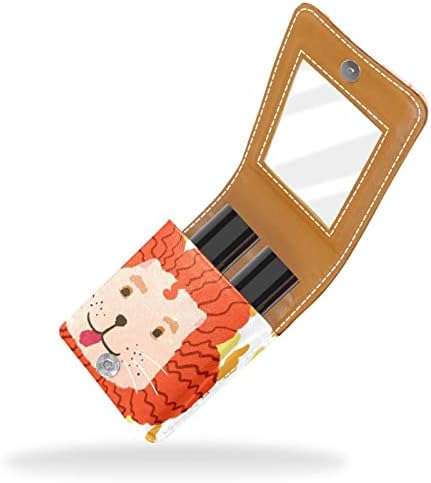 Mini maquiagem de Oryuekan com espelho, bolsa de embreagem Leatherette Lipstick Case, Cartoon Lovely Animal Lion