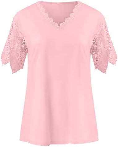 Camisa de camiseta do pescoço em V Women Feminina com costura de renda Camisas de tênis femininas Blusa de manga curta Tops