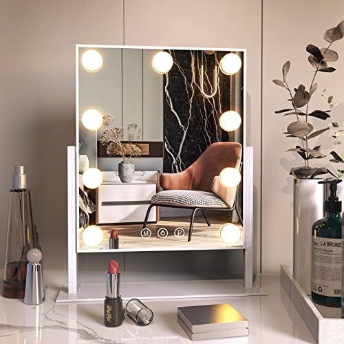 Espelho de vaidade vvsmriti com espelho de maquiagem de luzes com 9 luzes LEDs Controle de toque inteligente 3 cores leves 360