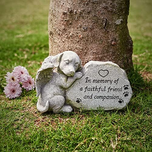 Estátua de pedra do memorial de cachorro, estatueta de anjo para cachorro adormecido para sempre em nossos corações,