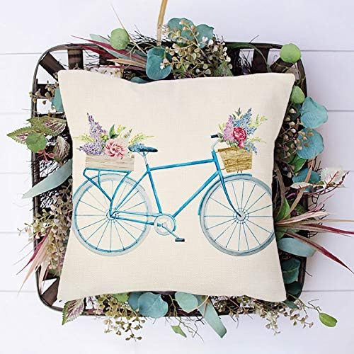 4ª Emoção Blue Bicycle Pillow Pillow Capa vintage Spring Home Decorativa Caso de almofada de 18 x 18 polegadas linho