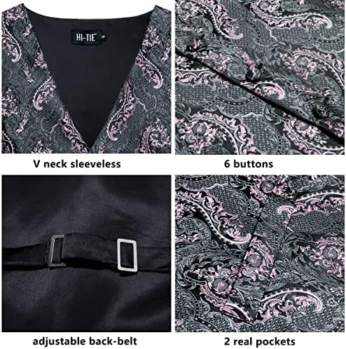 HI-TIE 5PCS Vesto de colete lenço de lençóis punhos de lapela Conjunto de pinos de lapela Jacquard Silk Formal Vest Set Set