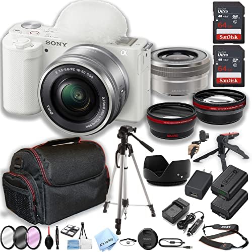 Câmera Sony ZV-E10 sem espelho com lente de 16-50 mm 2pcs 64 GB Memória + caixa + tripé + grip pagem de aderência + filtros + macro