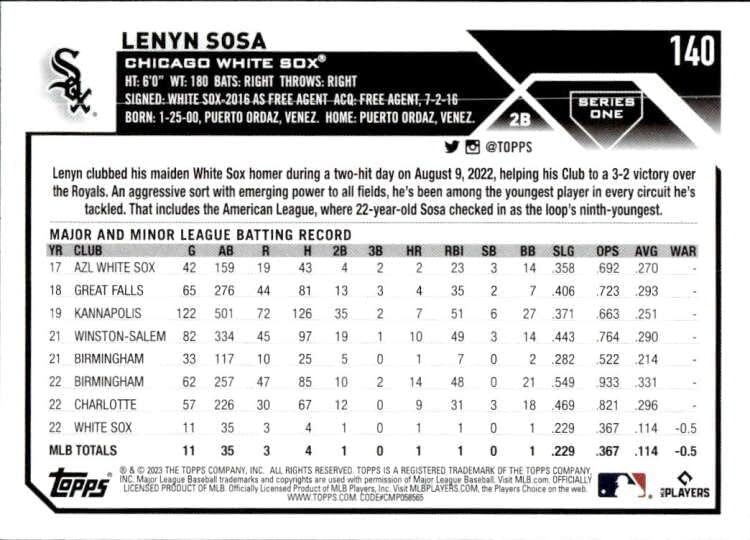 Lenyn Sosa RC 2023 Topps 140 Rookie White Sox NM+ -MT+ MLB Baseball
