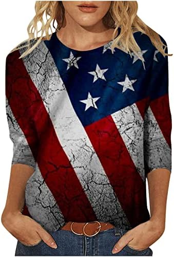 PIMOXV WOMENS 3D AMERICAN BLANHA 4º de julho Camisas Casual Independence Day 3/4 Mangas Tunica Túmulos Camisas patrióticas angustiadas