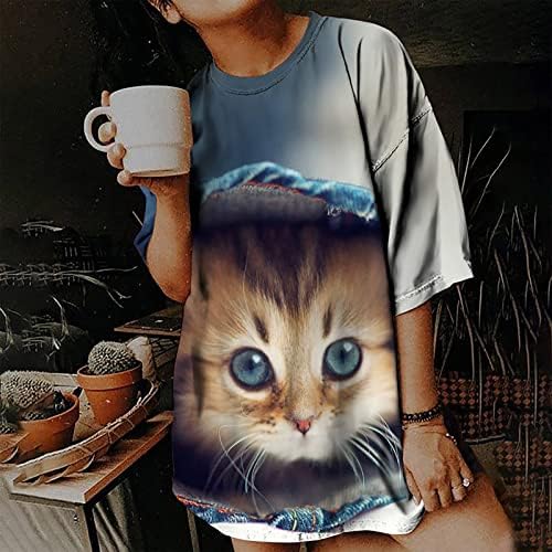 Verão feminino fofo gato impresso de tamanho grande tops de manga curta camisetas gráficas casuais esvoaçantes de túnica de túnica