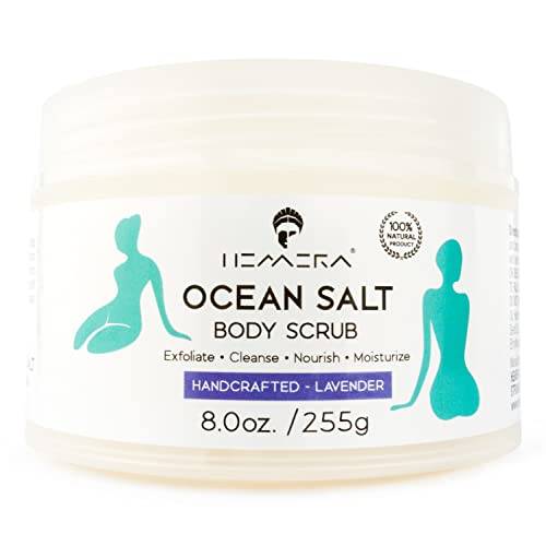 Esfroço do corpo do sal do oceano, esfoliação artesanal com óleo de lavanda, esfoliação com óleos essenciais, esfoliação corporal