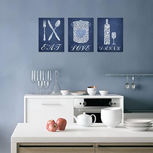 Sechars 3 peças Arte da parede da cozinha Eat Love Inspirational Quote Sign Restaurant Cafe Decorações de barra azul marinho