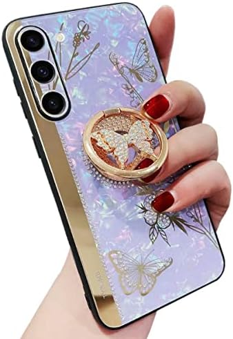 Amazfccy Galaxy A14 5G Kickstand Case, Butterfly Floral Conch Conch Conch Conch Butterfly Com espelho de anel espelho elegante