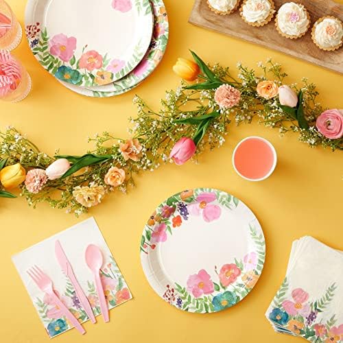 144 peças Supplies de festa de chá em aquarela com pratos de papel floral rosa, guardanapos, xícaras e talheres, utensílios