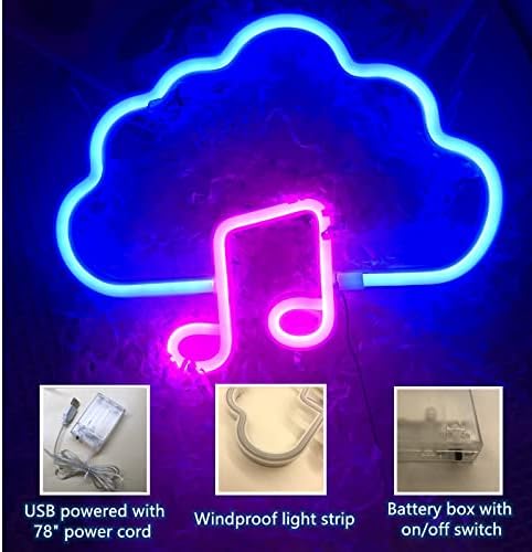 Dabestapp Cloud Neon Sign, LED Cloud Music Neon Lights Batter Blue/Pink USB Bateria ou para o quarto de crianças, quarto, meninas,