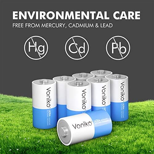 Voniko Ultra Alcalino D baterias, baterias D Tamanho 8 pacote, vida útil de 10 anos e 6-9 vezes a energia como baterias
