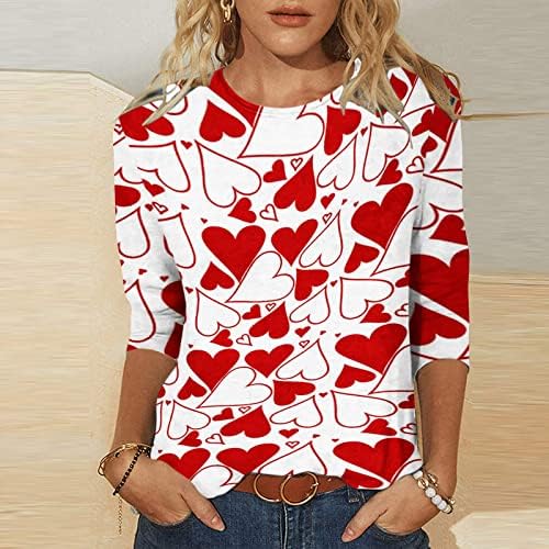 Camisa do dia dos namorados feminino, amor, camiseta com estampa de coração pullover 3/4 de manga tópicos redondos de colorido