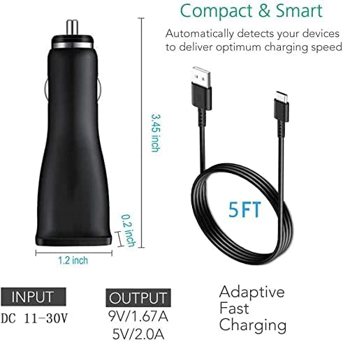 Samsung Adaptive Charging Fast Charger de porta dupla, carregador de carro rápido USB com cabo Tipo C 5ft 5ft Samsung Galaxy