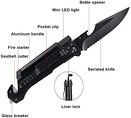 GJNGKSIM 6 em 1 Moderno Damasco Aço Faca de bolso dobrável para homens, faca tática com luz LED, cortador de cinto de segurança,
