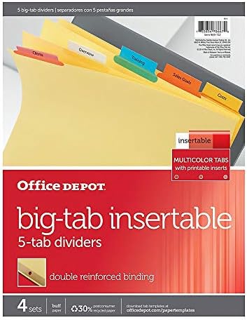 Office Depot® Brand Insertable Divishers com grandes abas, buff, cores variadas, 5 tabelas, pacote de 4 conjuntos