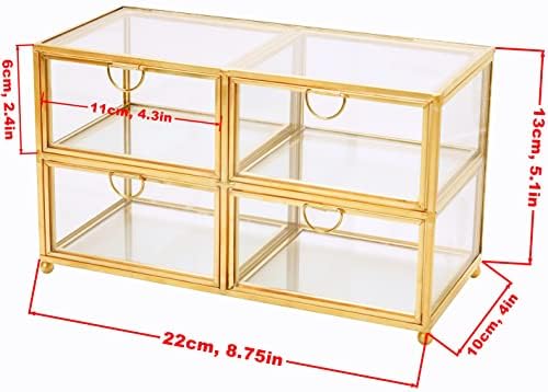 Organizador de caixa de jóias de vidro transparente vintage com moldura de metal de latão e 4 gaveta de retirada perfeita para segurar