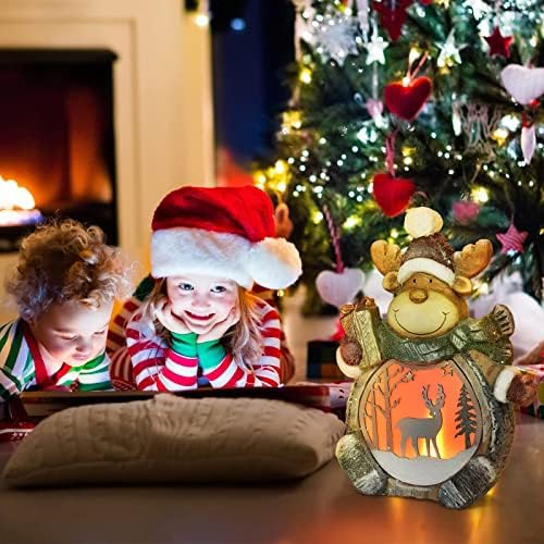 Yaqew 15 Decorações de Natal de Elk Indoor com luzes LED de chama piscando, decoração de casa de Natal para a lareira da mesa,