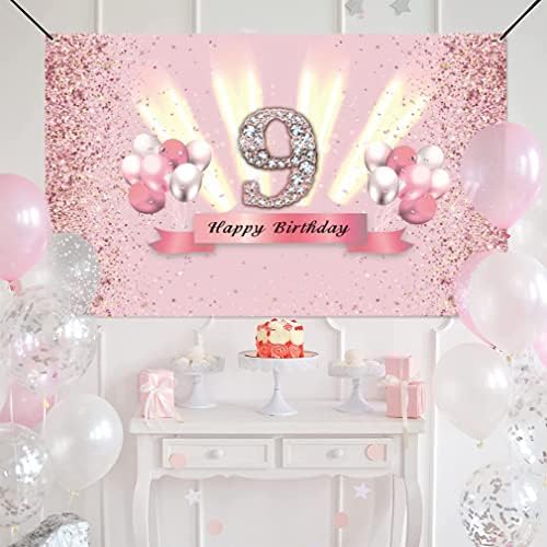 Decorações de aniversário de 9º aniversário para meninas Feliz aniversário de 9º aniversário Banner Party Deco Girl
