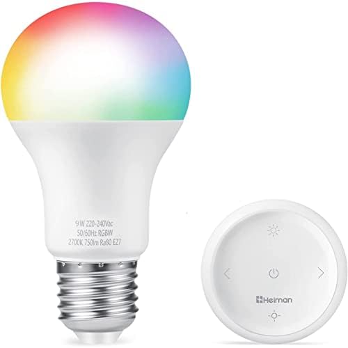 Lâmpadas de LED inteligentes do ZigBee Heiman, lâmpada de carregamento de cores A19 E26 com interruptor diminuído, lâmpada mágica