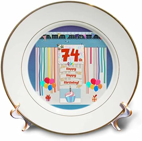 Imagem 3drose da 74ª etiqueta de aniversário, cupcake, vela, balões, presente, streamers - placas