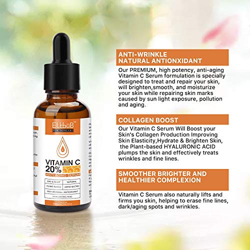 Serum premium de 20% de vitamina C para face com ácido hialurônico, retinol e aminoácidos - impulsiona o colágeno da pele, ilumina