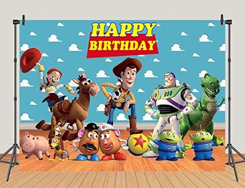 7x5ft desenho animado Toy Story Birthday Party tema fotografia cenários azul céu nuvens brancas banner infantil festas