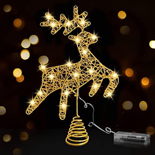 Joicee Christmas Reindeer Tree Topper, Christmas Gold Hollow Glitter Tree Topper com luzes LED para decoração de árvores