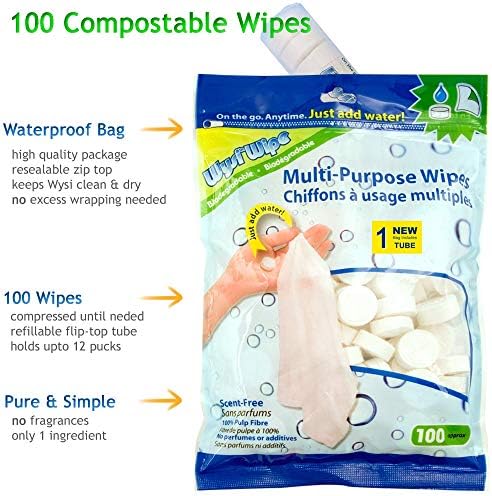 WYSI Multi -Purpose Expandable Wipes, basta adicionar água - 100 comprimidos compactados e tubo de viagem