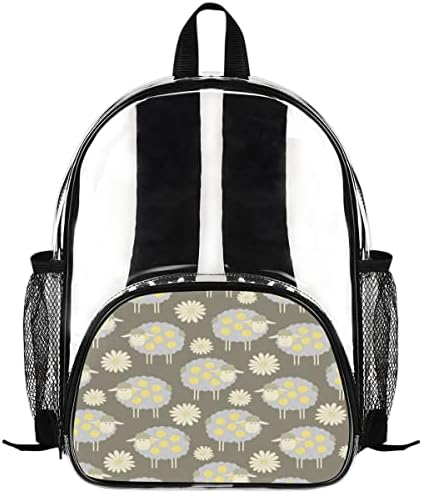 QSIRBC Ovelha e margarida Clear Backpack confortável Ajuste as tiras de ombro PVC Clear Book Bag Capacity Mesh Side Pocket Adequado