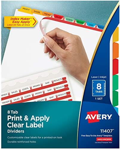 Divisores de guias Avery 8 para fichário de 3 anel, impressão fácil e aplicar tira de etiqueta transparente, abas multicoloridas
