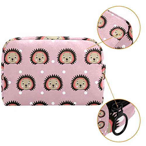 Bolsa de maquiagem Bolsa de cosméticos Viagem Face de ouriço fofo em bolinhas rosa Bolsa de saco de higiene pessoal com zíper e alça
