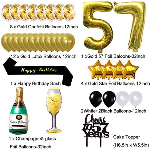 Kit de decorações de aniversário de 57 anos de ouro, aplausos a 57 anos de bandeira balões 57º bolo de bolo de caça de ouro de tampo de ouro cortinas de papel alumínio para 57 anos e decorações de aniversário