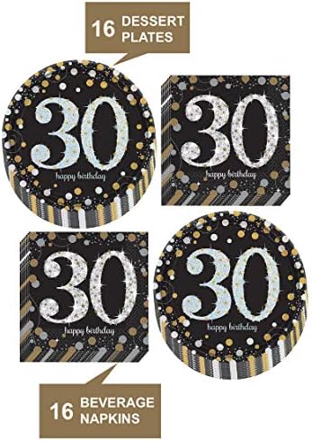 Decorações de mesa de aniversário de 30º aniversário - prata metálica e pontapina de papel de ouro e guardanapos de bebidas