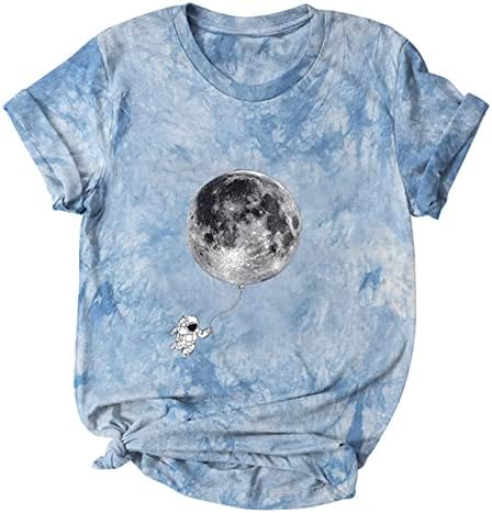 Mulheres de verão de verão e lua com camiseta de t-shirt de pista curta de manga curta casual astronauta fofo tee adolescente