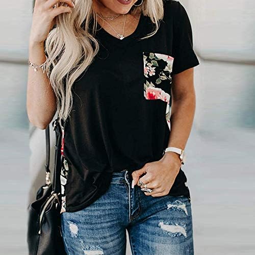 Camisas para mulheres verão V camisetas T Túnica solta de manga curta Blusa de retalhos de retalhos de retalhos com bolso camuflado