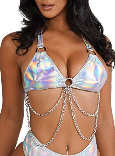 Rave Roupfits for Women - Metallic Holographic Body Chain Churness Top High Bottom Festival Dance Bikini Set