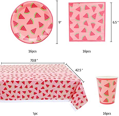 Festas de aniversário de melancia, conjunto de tabela de mesa descartável para 16 hóspedes inclui guardanapos de copos de