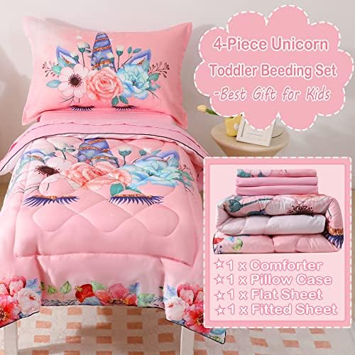 Beddler de 4 peças Conjunto de roupas de cama para meninas Flores de unicórnio rosa Conjuntos de edredom de criança