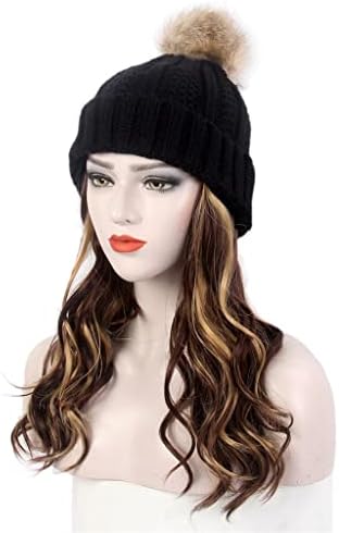 Sdfgh moda damas chapéu de cabelo uma peruca de chapéu de malha preta longa destaque cacheado peruchete mais chapéu