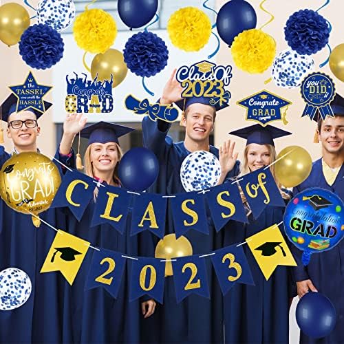 Classe azul e dourada das decorações de banner de graduação 2023, a turma de banner 2023 e os balões de graduação de redemoinhos