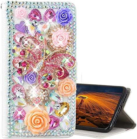 Caixa de telefone Glitter Wallet Compatível com iPhone XR 2018, AS -ZEKE 3D Série artesanal Série Butterfly Rose Flor Strass de Cristal